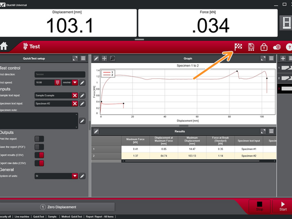 When testing is complete, select the &quot;finish sample&quot; icon which looks like a flag. It is located near the top right of the screen.