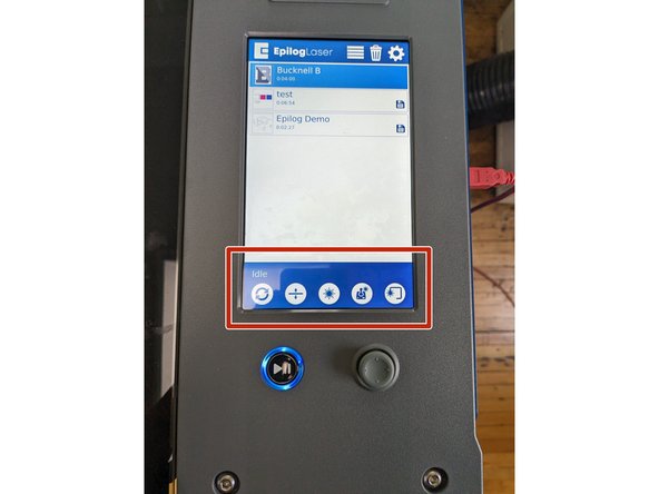 There are a few buttons at the bottom of this laser cutter screen to take note of. You may not need to use any of them but it is helpful to know. 