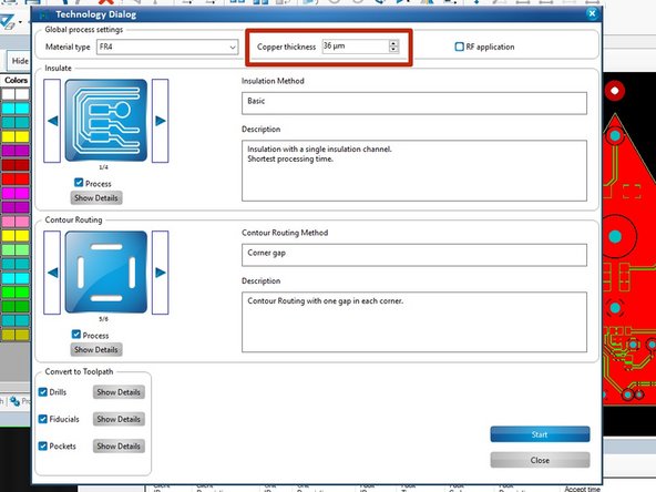 In the Technology Dialog box that appears, change the Copper thickness to 36 μm.  This corresponds to the 1 oz/ft^2 copper clad we use in the Maker-E.