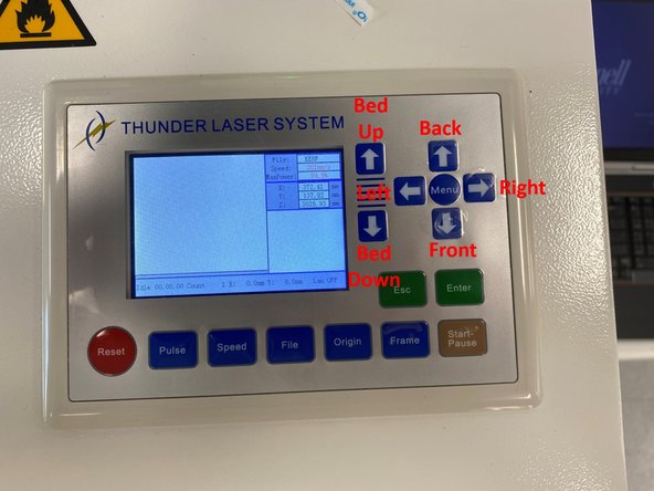 Turn on the Thunder Laser using the Main Switch which is the upper of the two switches on the right side of the machine.