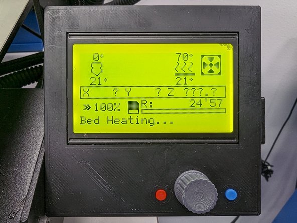 The LCD should now display Bed Heating... and you should see the bed set point (70° in this example) with the current temperature (21° in this example) below.  Once the bed reaches the set point then the same process will happen for the hotend.