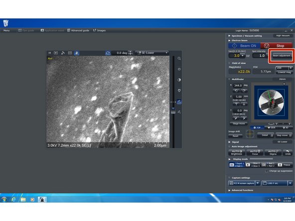 Start the beam adjustment process by clicking on the &quot;Beam adjustment&quot; button.