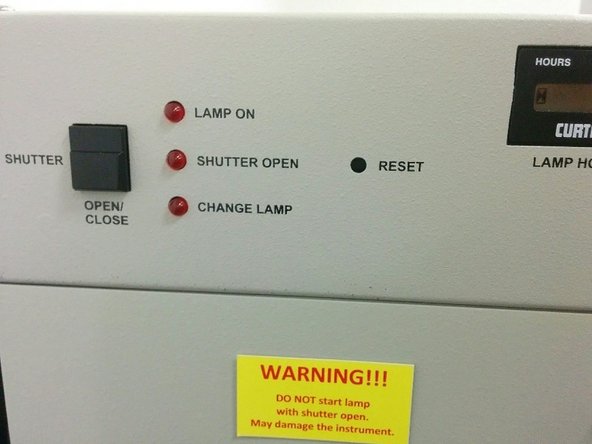 When the test is done (there is no more numbers displayed on the screen of the source meter), turn the lamp off by pressing the Lamp Off button on the power supply. Check if the Shutter Open indicator is still on. If so, press the Open/Close button to close the shutter. Make sure the indicator is off. Turn on the room light.
