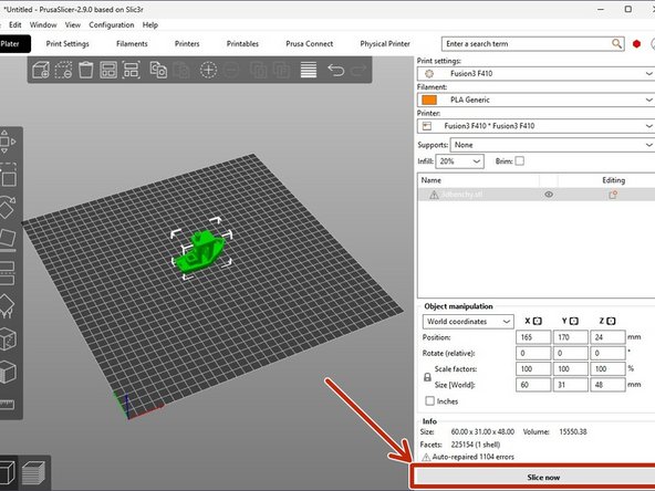 Once you are satisfied with the orientation of the part, select the 'Slice Now' button on the bottom right of the window.