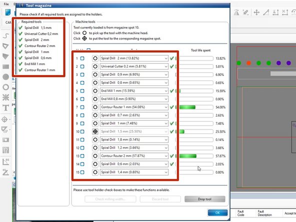 The Tool magazine window uses the Required tools panel on the left to list which bits are required for the milling process of your PCB.  Any bits with a green check mark are already loaded in the mill tool holder.  Any bits with a red x need to be loaded in the tool holder.