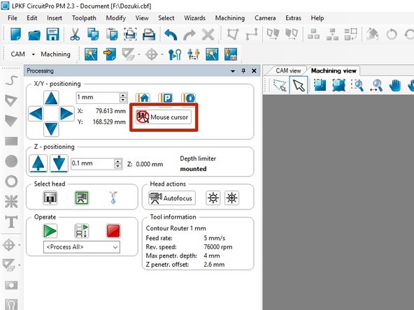 As CircuitPro does not display previous routes in the Machining view it will be necessary to take control of the camera head again and move the head around the copper clad to ensure your PCB placement will not interfere with any existing routes or holes.
