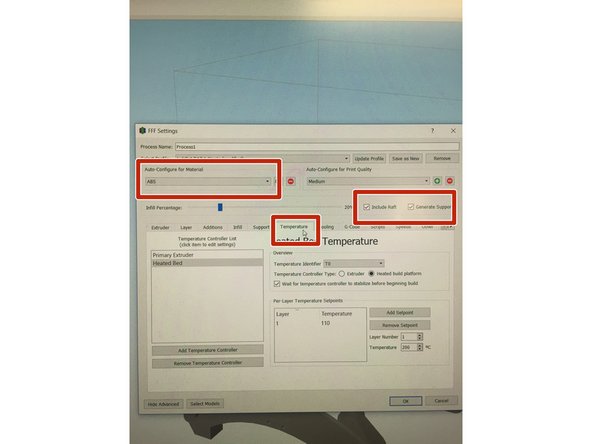 In this window, we are now able to add rafts and supports to our object by checking the boxes located next to the words &quot;Raft&quot; and &quot;Supports&quot;.