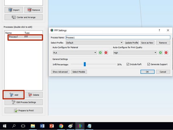 Double click Process1 in the Processes window to bring up the Print Settings dialog.  If Process1 does not appear, click Add to generate a new process and open the dialog window.