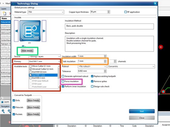 In the Details pane, change the Primary tool from the default Universal Cutter 0,2 mm to End Mill 1 mm.