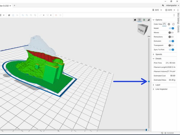 When slicing is complete you will be presented with a view of the exact path that the printer will follow to create your part.  You can use the vertical slider on the right to step through the print process.