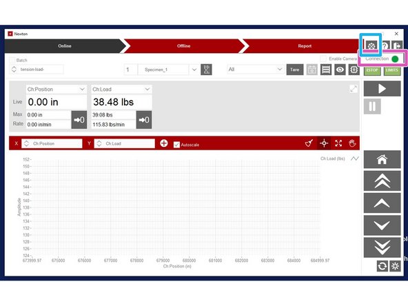 In an ideal world the Newton software will automatically connect to the Newton Controller As indicated by a green dot and the word &quot;Connection&quot; in the top right corner of the screen. The machine is ready to be operated if this is present and you can go on to the next step.