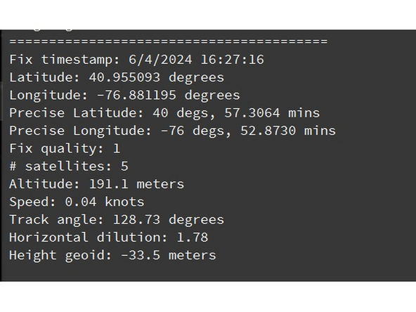 gps.has_fix is a boolean that will tell you if the GPS was able to be reached and has information to give. It's important to check for this because this board only has an integrated antenna, which means it is quite inconsistent in receiving data. Checking for this variable in a loop allows your code to keep running instead of simply erring.