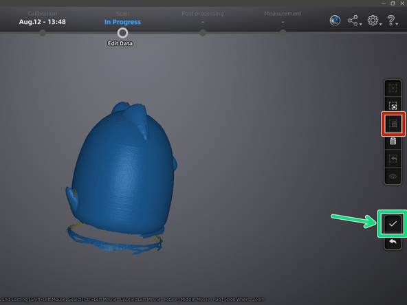 After the scanner finishes scanning, review the scan. Select unwanted data with shift + left mouse, then press delete selected data to remove it. Hit the check mark when finished.