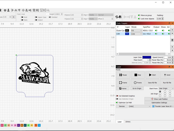 Load your sign file into Lightburn. Adjust the cut settings to that the image is engraved and the edge of the sign is cut