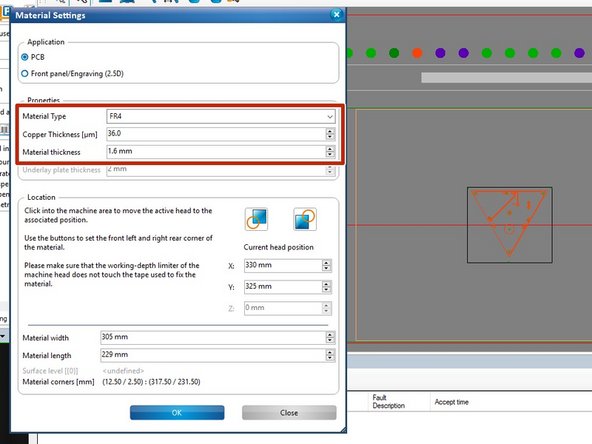 Return to CircuitPro and define the type and thickness of material you will use.  Choose Edit -&gt; Material settings from the menu bar.  Confirm that: