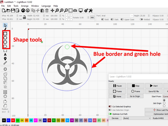 If you would like to use your own image for the keychain then import the image into Lightburn.  It should be high contrast black and white or greyscale, and sized to fit on the keychain you would like to make.