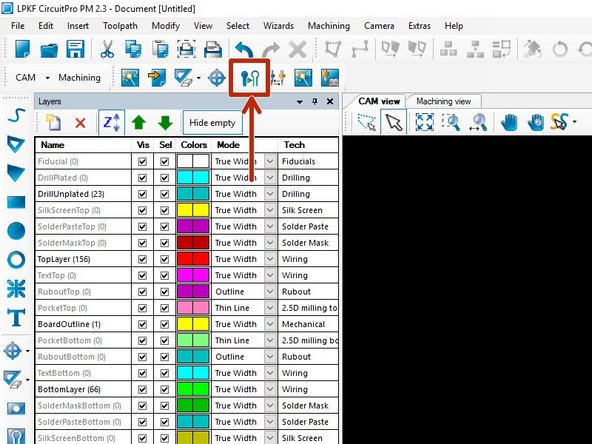 Now you need to create isolation channels around all of your copper traces and pads, drill holes, and define a path to route (cut) out your board.  Begin by clicking the Technology Dialog button in the toolbar.