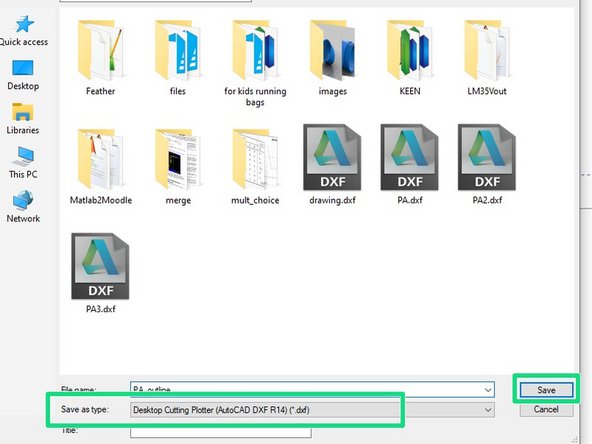 When you are happy with the result, choose File -> Save As.  From the dialog window that appears, choose a Save as type of "Desktop Cutting Plotter (AutoCAD DXF R14) (*.dxf)".