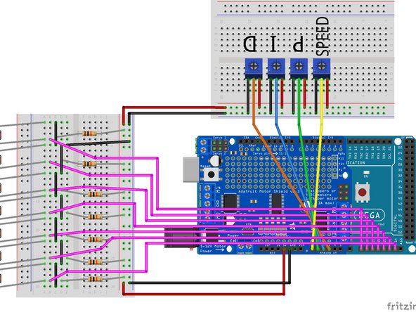 Now follow the schematic given and carefully plug in the components back onto the Arduino and shield as we did in Challenges #1 and #2.