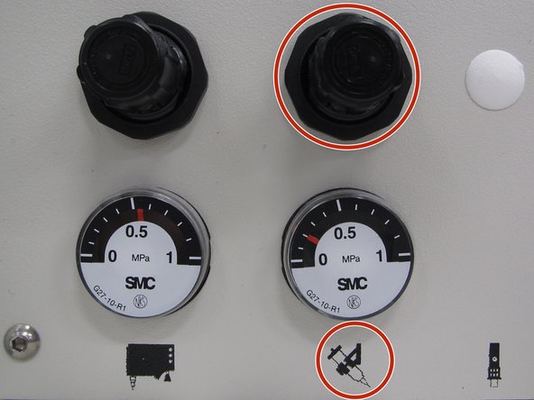 It is important to adjust the pressure used to dispense solder paste.  Find the pressure adjustment knob at the left side of the PnP.  Be sure to locate the paste dispensing pressure knob, not the head pressure knob.