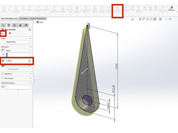 If your extrude in this step does not seem to be working check that you definitely removed the two small arcs from the previous step and left the two cords intact.