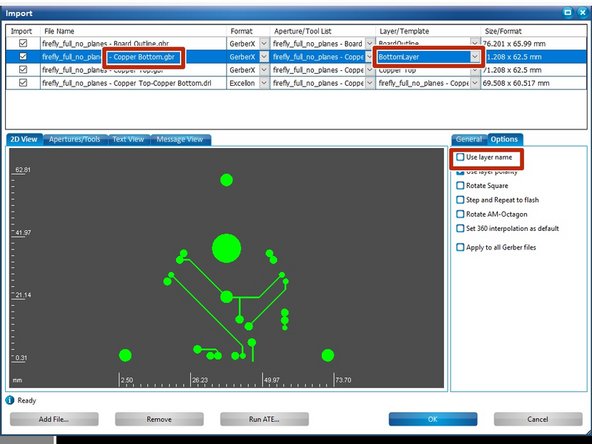 Now move on to your copper bottom file, which should end in &quot;- Copper Bottom.gbr&quot; if you exported from Ultiboard.  Within the Options tab deselect Use layer name.