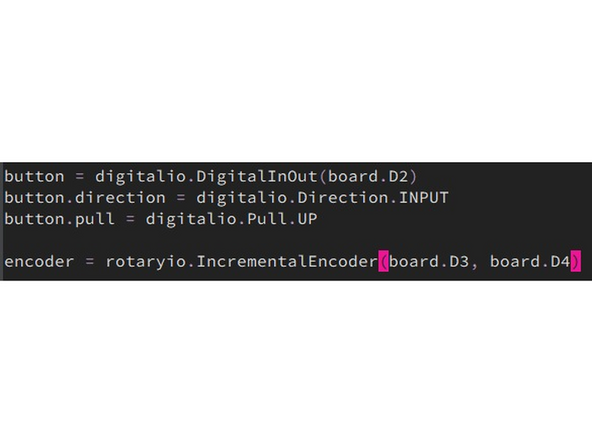 To initialize the encoder, simply use encoder = rotaryio.IncrementalEncoder(board.D3, board.D4). Then to query the position of the sensor, simply use encoder.position. That's about it!