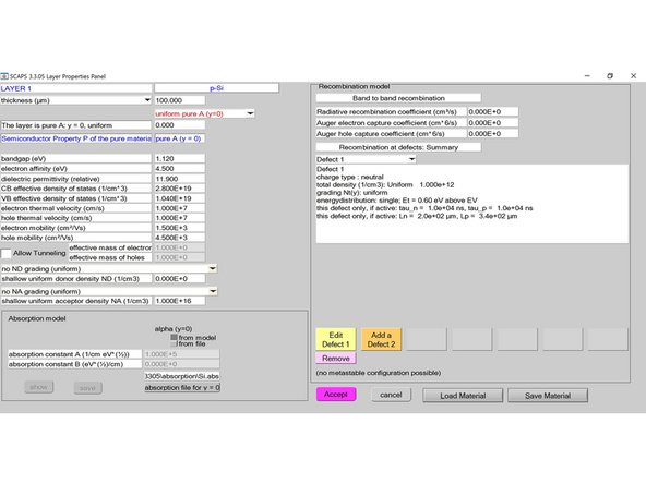 Rename the layer to p-Si and alter the parameters as shown in the picture.