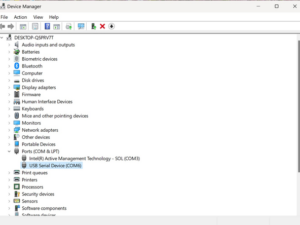 The Feather should show up as USB Serial Device, with a COM number next to it. Note that number and put it into PuTTY, where COM1 is already entered into the Serial Line window. For example, in the third picture, I'll put COM6 into PuTTY. Click Open at the bottom of the screen and a black serial window should show up.