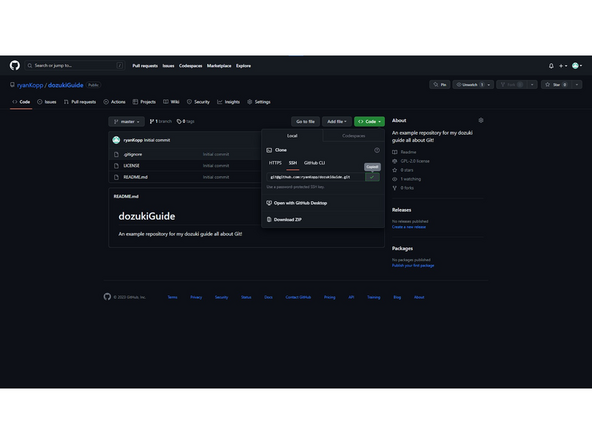 Now that the repository is made, we can copy it onto our computer. From your Repository's main page, hit Code. Then select SSH.