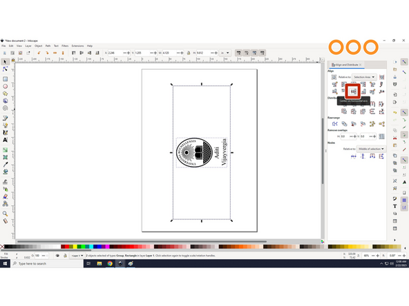 Since we would like to etch on one side of the tumbler, we want to center the emblem/image grouping to the rectangle. Click on the &quot;Center to vertical axis&quot; icon shown in picture 2 in red box and &quot;Center to horizontal axis&quot; icon shown in picture 3 in blue box.