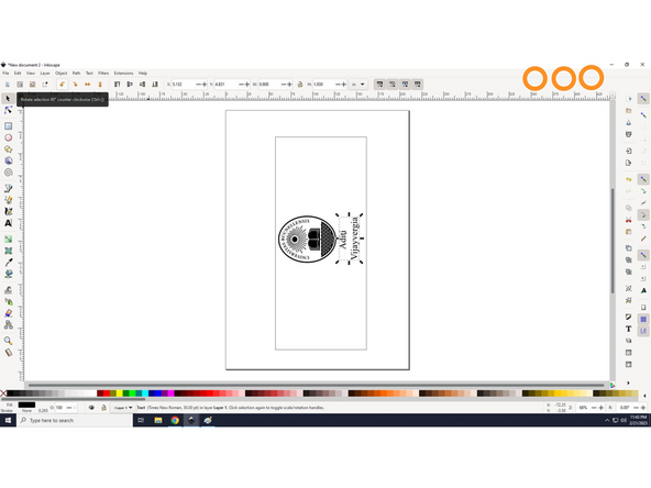 Rotate the text them same way you rotated the emblem, as shown in picture 1. Picture 3 is what your screen should look like after.