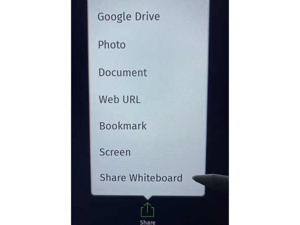 Alternatively, if you are already in a meeting, select the &quot;Share&quot; button at the bottom of the screen (in the same place as the desktop versions). From the context menu, select &quot;Share Whiteboard&quot;, and Zoom will project the Vibe's workspace to attendees.
