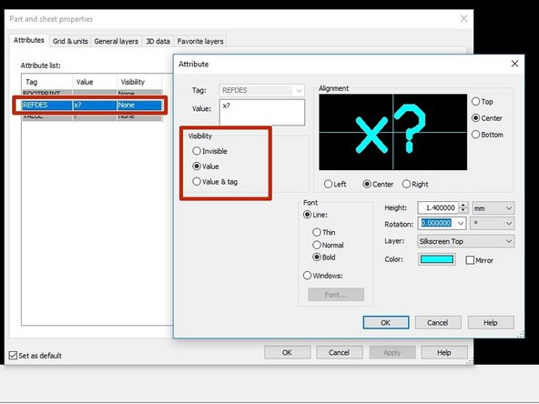 In the Attributes tab of the window that appears, be sure to change the REFDES visibility from Invisible to Value.