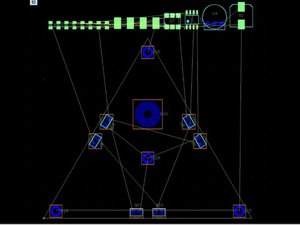 You now have all of the components you need to complete the firefly PCB.  You will see the yellow “ratsnest” lines which indicate how components need to be connected.  Your task now is to place all of the components within the bounds of the PCB and connect all of the components using traces on the top and bottom of the PCB.