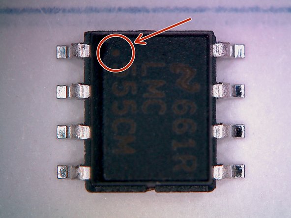 Now place the 555 timer.  This component is housed in an 8-lead SOIC package.  As this package is symmetric it is important to note the correct orientation.  This is often accomplished via a small dot on the package, indicating pin 1.