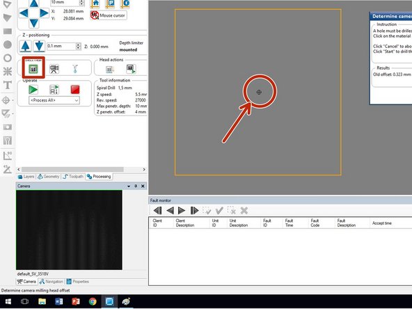 You now need to switch control from the camera head to the mill head.  Click on the mill head button.  You should hear the mill head move slightly, but the cross hairs should remain in the orange box.
