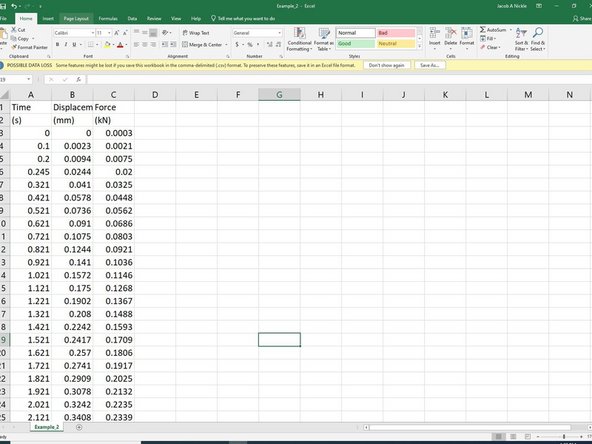 Within each specimen Excel file, there will be columns for time, displacement and force.