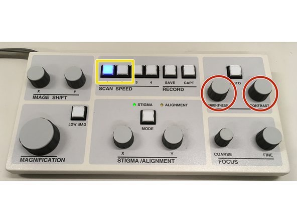 You can adjust the brightness and contrast of the image using either the sliders in the image window or the knobs on the control deck.