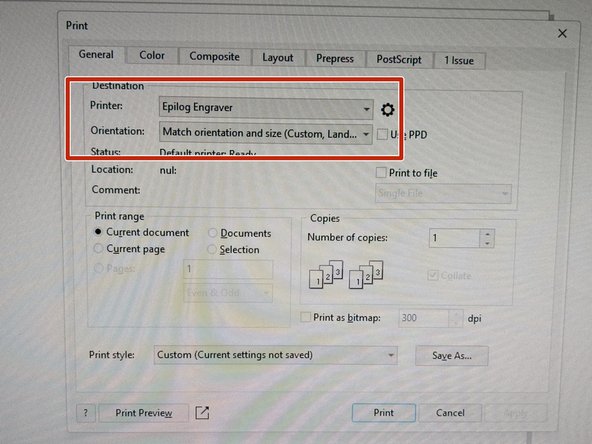 Back in CorelDraw, with the new printer box open, select &quot;Epilog Engraver&quot; as the Printer.