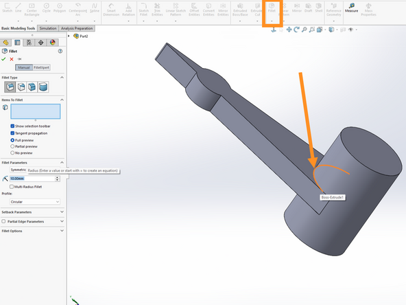 Our motor arm is thin and thin parts are often weak.  In order to make the arm more robust we can create a fillet at the transition where it meets the shaft.