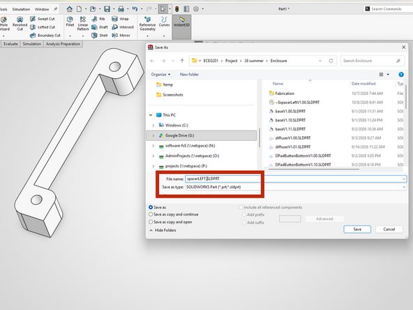 Save your part as a .sldprt file so that you can modify it later if necessary.  Give it a meaningful name.  If you're working on DA7 for ECEG 201 be sure to indicate that this it the LEFT spacer so you don't confuse it with the additional RIGHT spacer you also need to create.