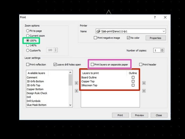 To print your PCB, select File -&gt; Print from the menu bar.