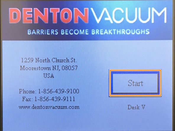 Next, the sputter coater software splash screen will appear. Tap the &quot;Start&quot; Button to proceed.