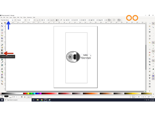 For this tutorial, we decided to add text below the vector image. Click on the text icon located on the left (red arrow) and add text to the right of the emblem, as shown in picture 2. You can change the font style using the drop down located on the top left (blue arrow).