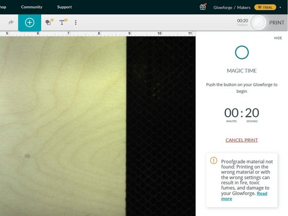 Finally, click the Print button in the upper right corner.  After your design is transmitted to the Glowforge you will see an estimate showing you how much time your cut job will require.