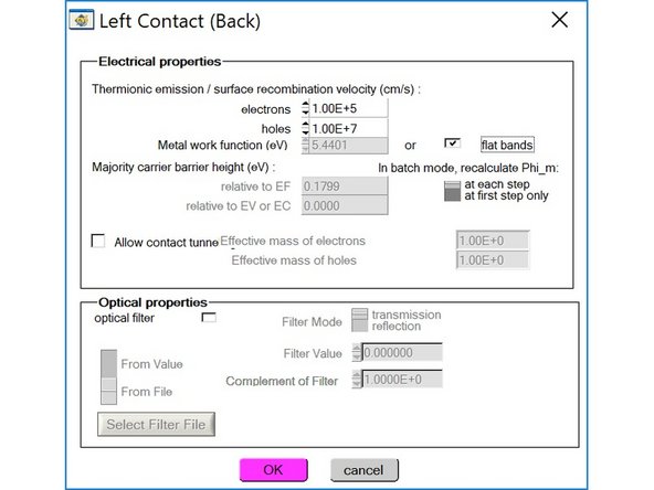 Click on “Accept” and return to the “Solar Cell Definition Panel”. Then click on “left contact (back)” to modify the left contact. Change the parameters as shown in the picture. Click “OK” when finished.