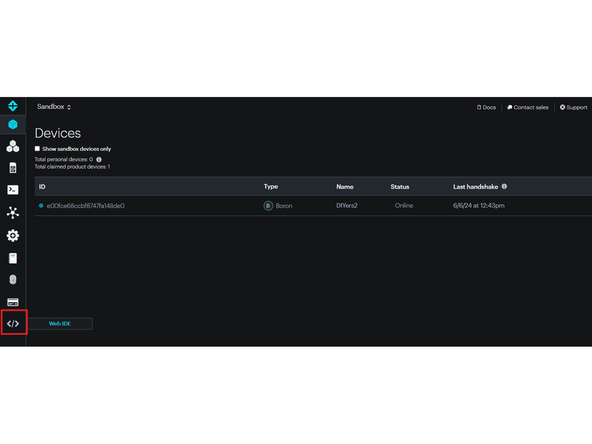 Open the Web IDE, paste the example code from GitHub, and flash it to upload to the particle board.