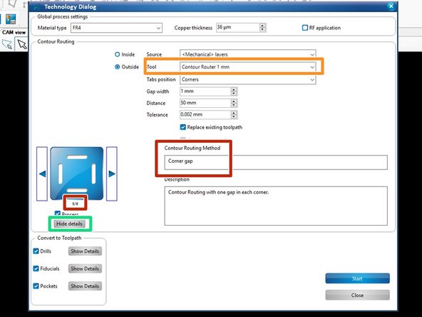 In previous versions of this tutorial you were asked to change the Contour Routing method from the default.  This step has changed.  You should now leave the default method of Contour gap which is method 5/6.  This will leave your PCB minimally attached to the copper clad and prevent it from lifting during routing.