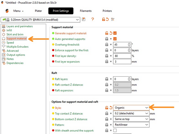 Begin by enabling supports Everywhere from the Supports drop down menu.  Then choose the Print Settings menu from the top menu bar.